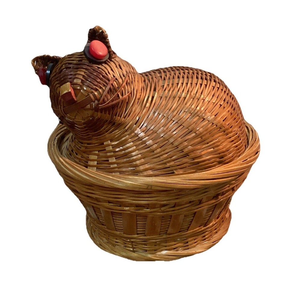 Cute Natural Color Kitty Cat Kitten Woven Basket Removable Lid Red Button Eyes